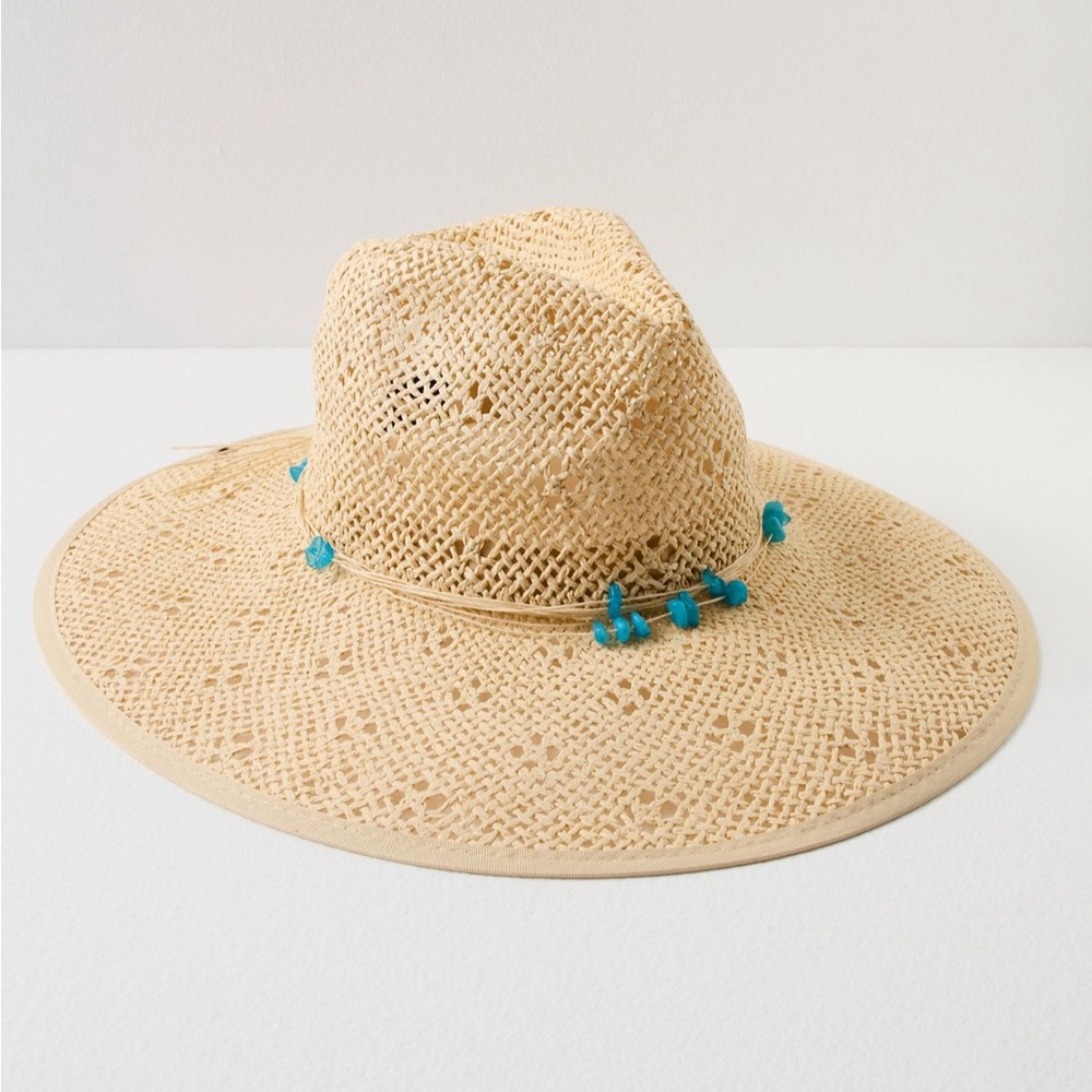 Free People Tan Woven Sun Hat with Blue Accents